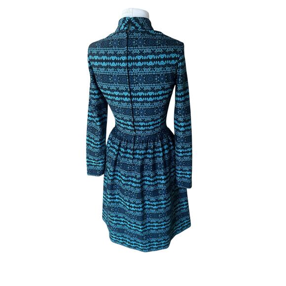 Vintage 70s Dress Blue Patterned Knit Midi Fit & Flare Long Sleeves Small S Bold - Picture 9 of 11
